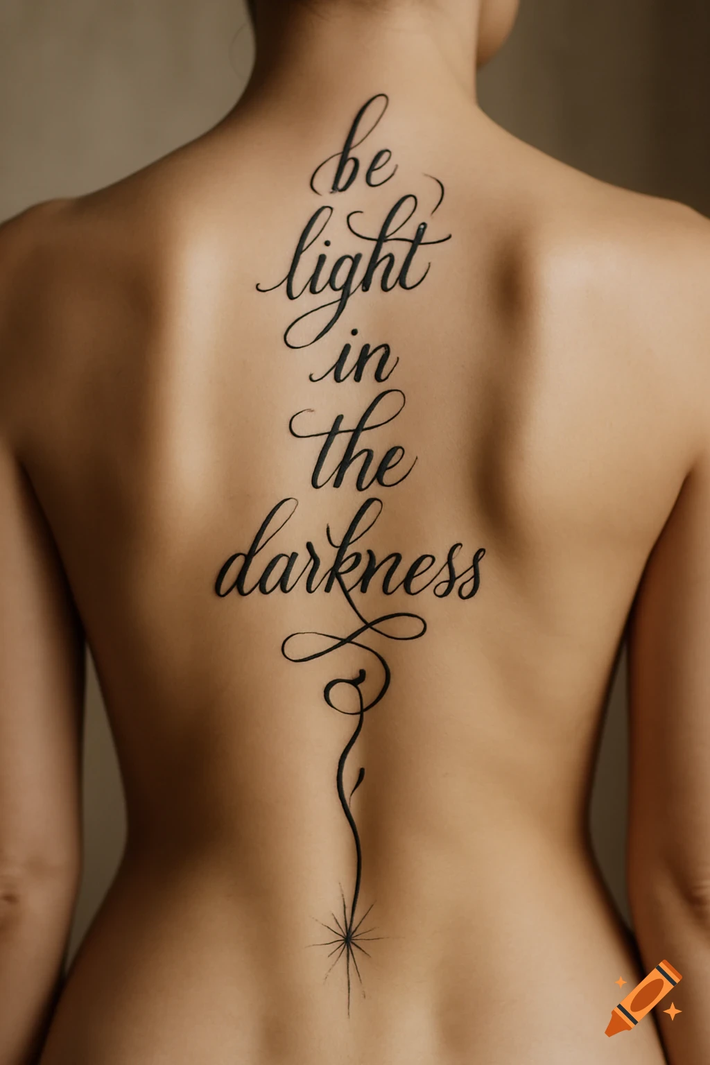 Person's bare back with a black calligraphic tattoo 'be light in the darkness' vertically down the spine, ending in a starburst design.