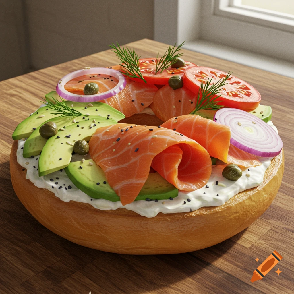 A photorealistic bagel topped with cream cheese, smoked salmon, avocado slices, tomato, red onion, capers, and dill on a wooden table.