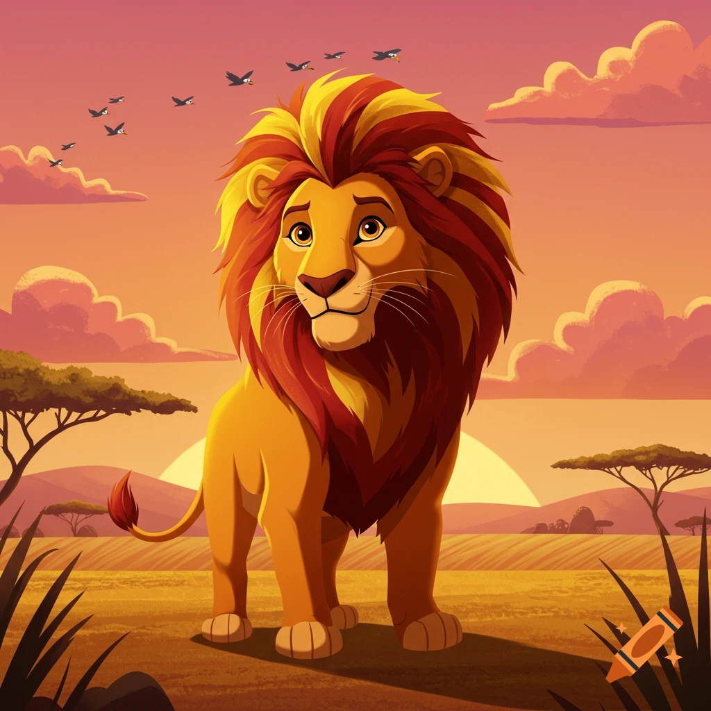 A cartoon lion with a red and yellow mane stands in a savanna at sunset, with birds flying in the pink sky.