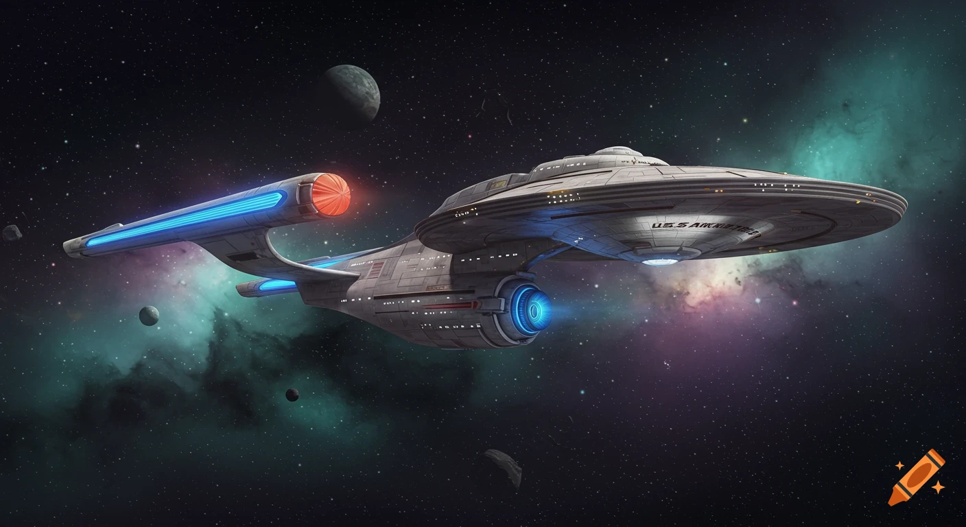 A detailed Star Trek-style spaceship, the U.S.S. Arkansas-D, flies through space amidst nebulas, planets, and stars.