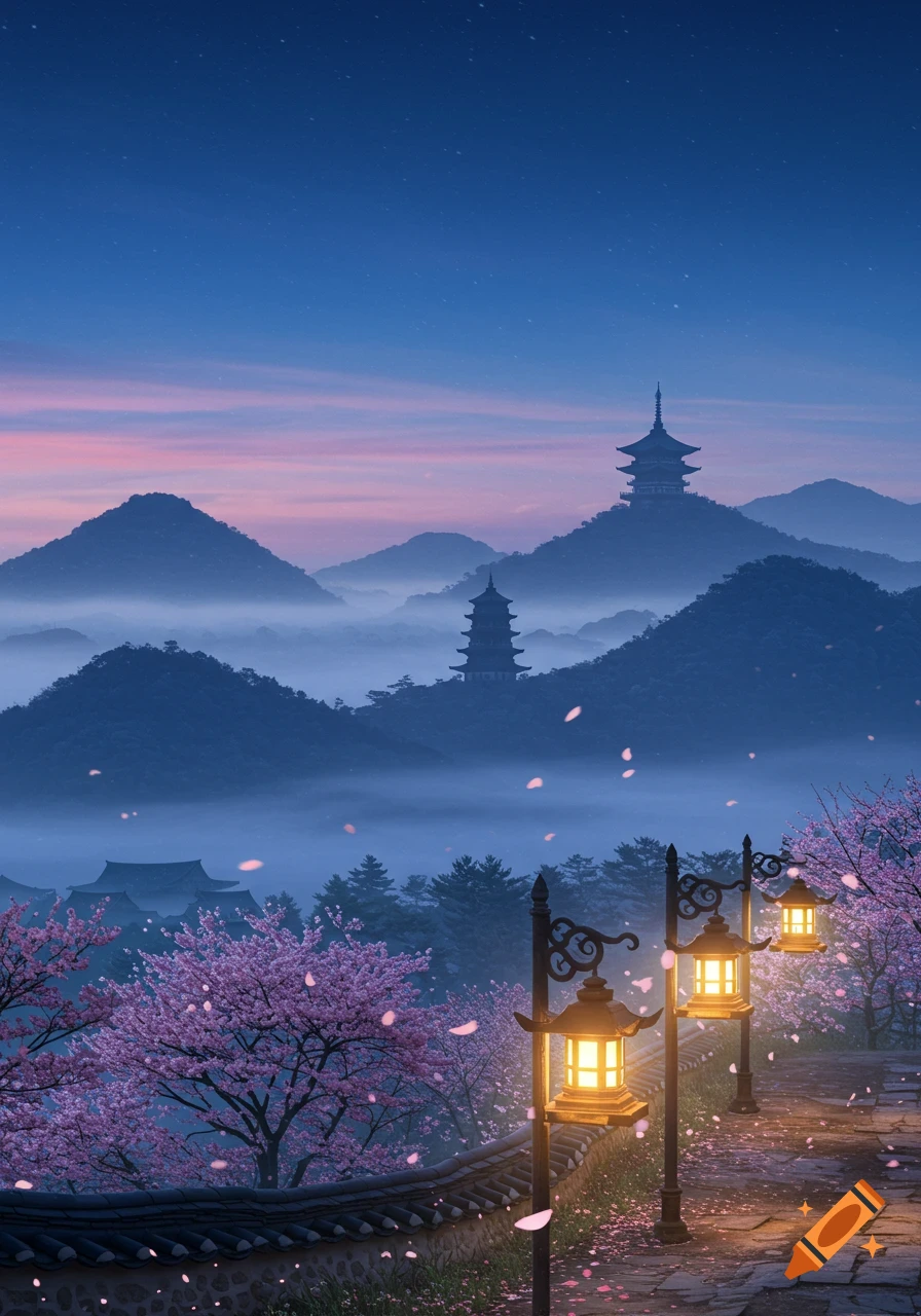 Serene Asian landscape with misty mountains, traditional pagodas, glowing lanterns, and cherry blossom trees along a stone path at twilight.