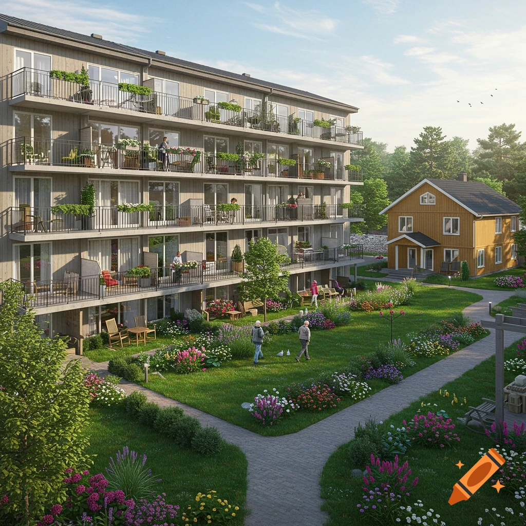 A modern apartment building with balconies and a traditional yellow house, surrounded by a vibrant green lawn and colorful flower beds with people walking.