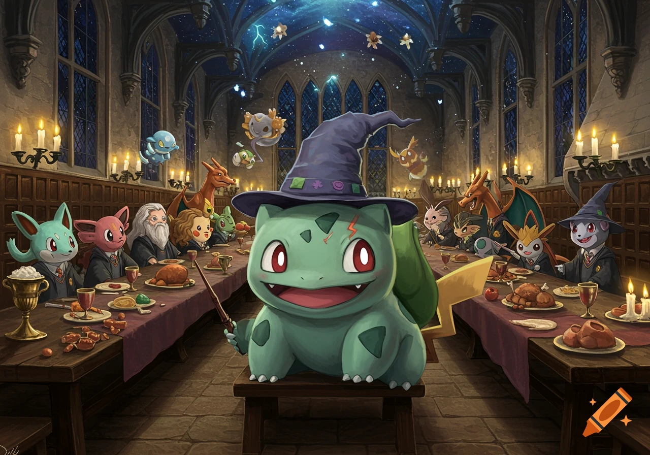 An illustration of Bulbasaur wearing a wizard hat and Harry Potter scar, dining with other Pokémon in the Great Hall.