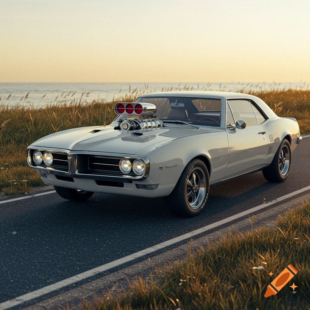 A white 1967 Pontiac Firebird with a supercharger on its hood drives on a coastal road at sunset, with the ocean in the background.