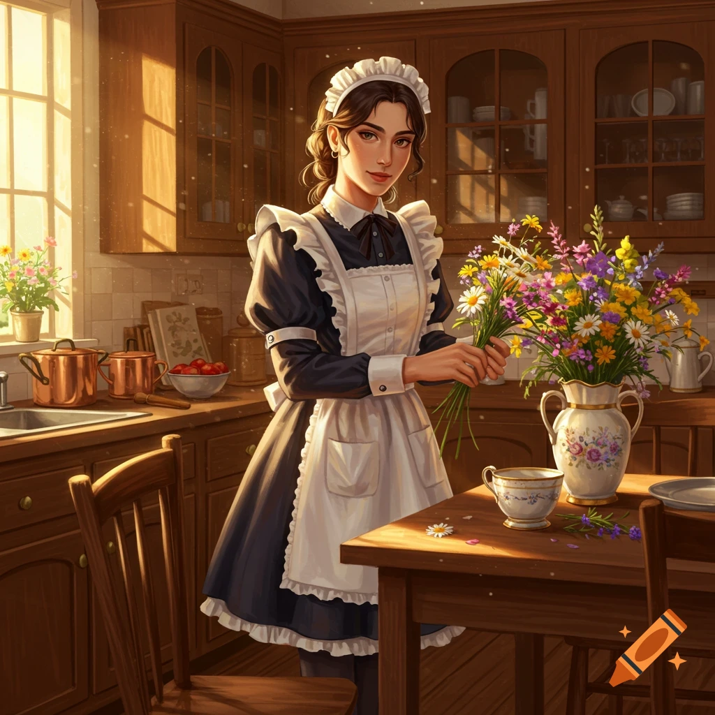 A young woman in a maid outfit arranges colorful wildflowers in a sunlit rustic kitchen, digital art.