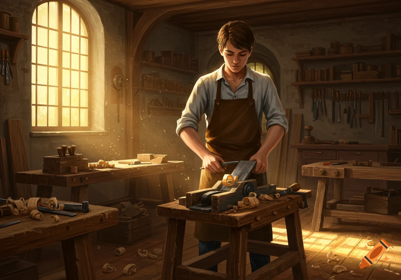 A young man works with a hand plane on wood in a sunlit woodworking workshop, surrounded by tools and shavings.