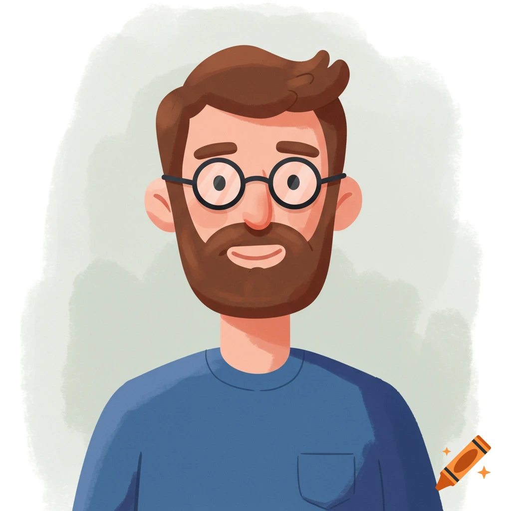2D flat illustration of a bearded man with glasses and a blue shirt, looking forward.