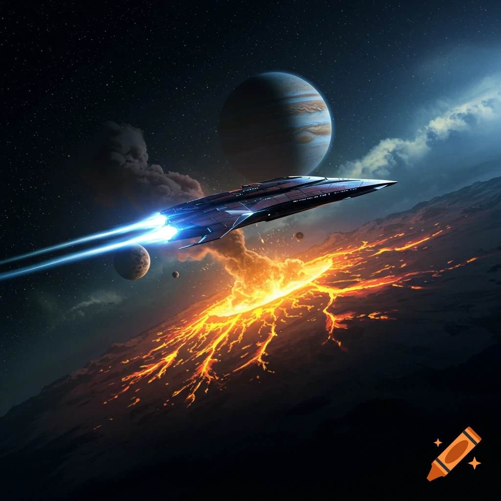 A futuristic spaceship with bright blue engines flies low over a ...