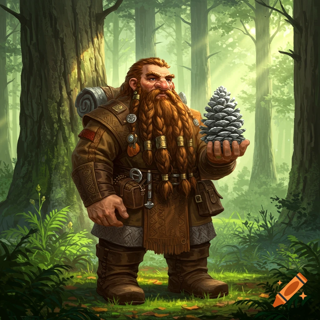 A fantasy dwarf with a long braided red beard and a brown outfit stands in a sunlit forest, holding a metallic pine cone.