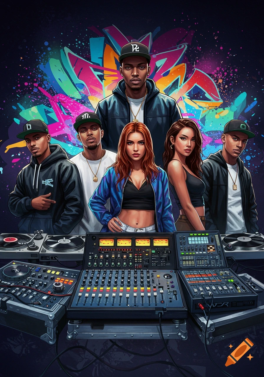 Five stylish hip-hop artists, three men and two women, stand behind DJ turntables and soundboards. A colorful graffiti mural is in the background.