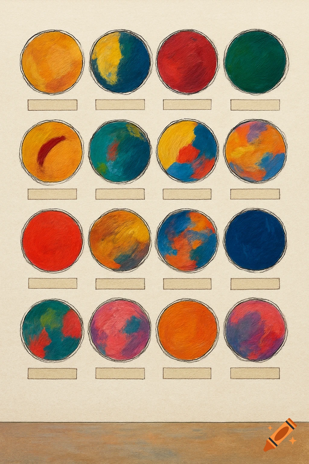 A mixed media poster featuring sixteen colorful, abstract circular designs with sketchy black outlines, arranged in a grid, each with a blank cream-colored label strip below it, all on a textured beige background.