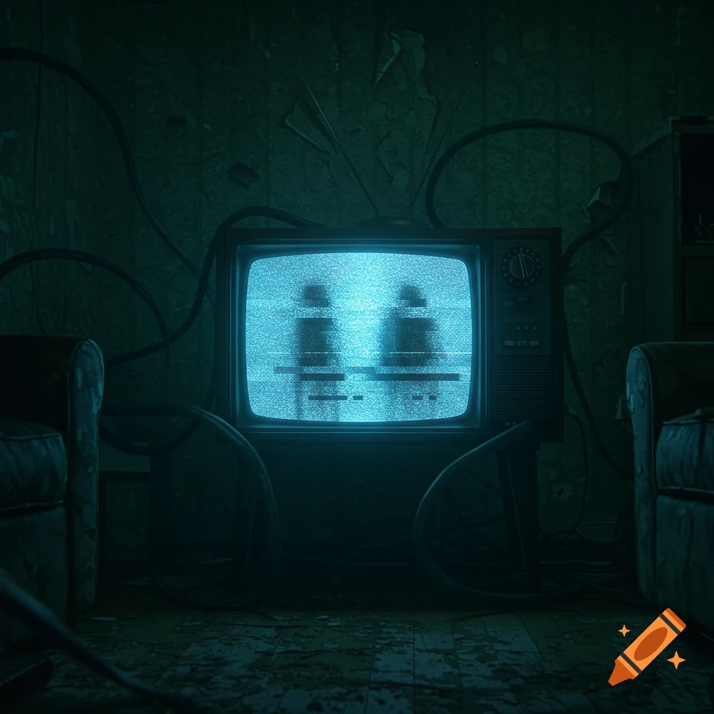 A creepy, static-filled old television showing blurry figures in a dark, abandoned room with peeling walls and tangled wires.