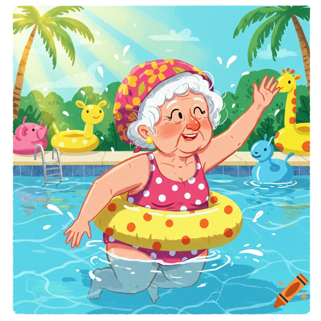 A cheerful cartoon old lady with a swim cap and polka dot swimsuit swims in a pool, waving amidst inflatable toys on a sunny day.