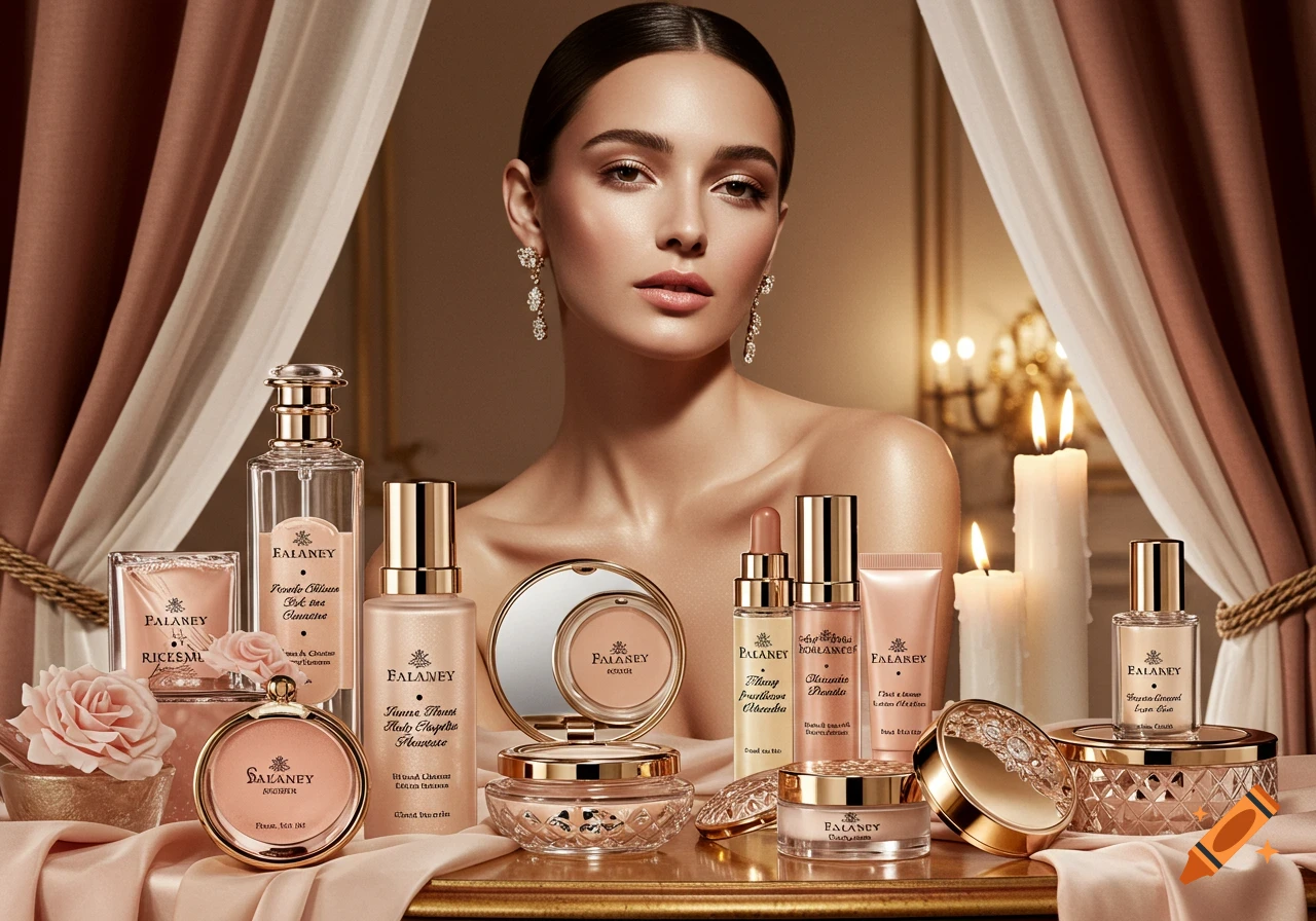 A woman with elegant jewelry surrounded by various gold and pink cosmetic products, draped fabric, and lit candles in a luxurious setting.