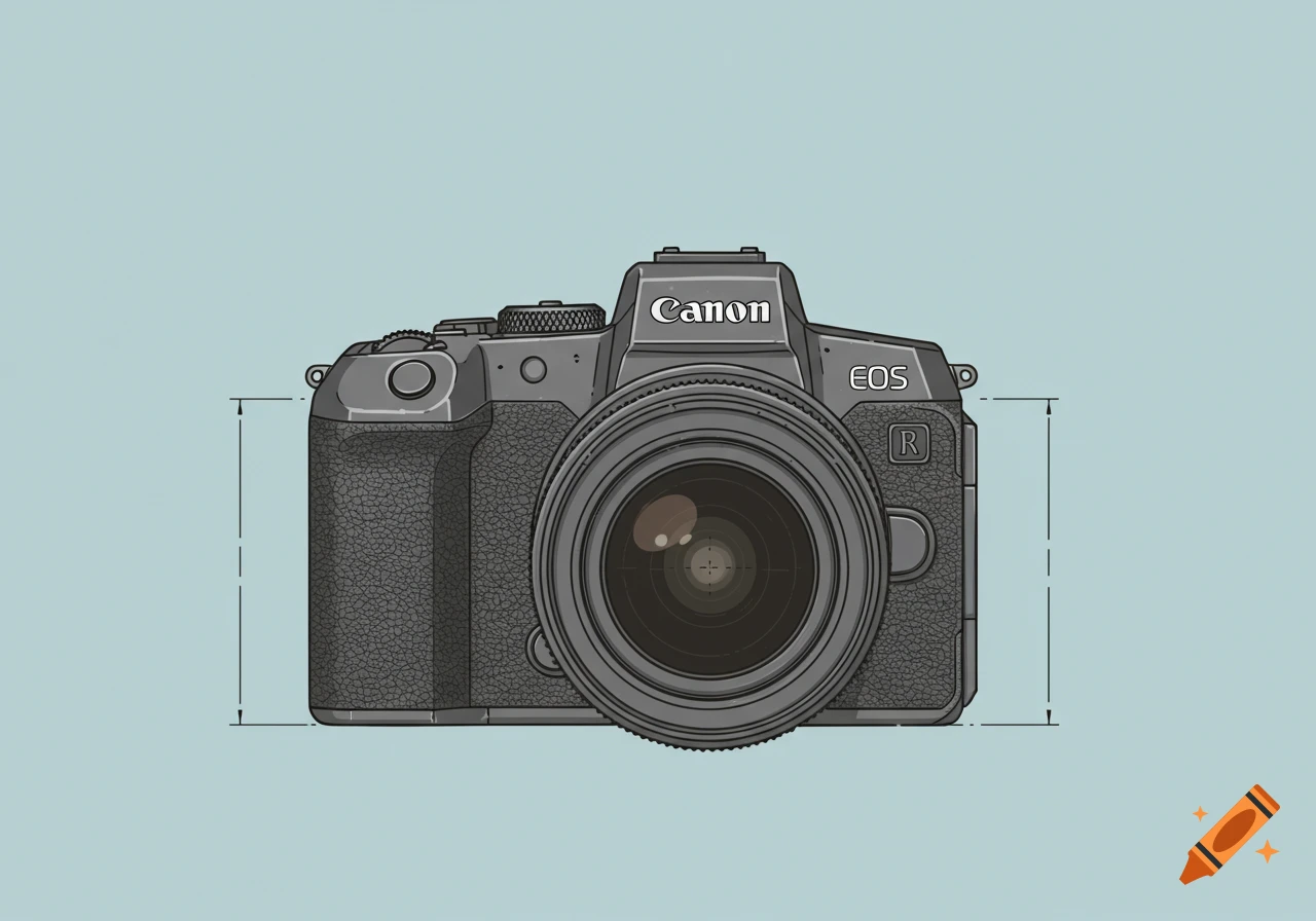 Blueprint vector art of a Canon EOS R camera, front view, on a light blue background, with dimension lines.