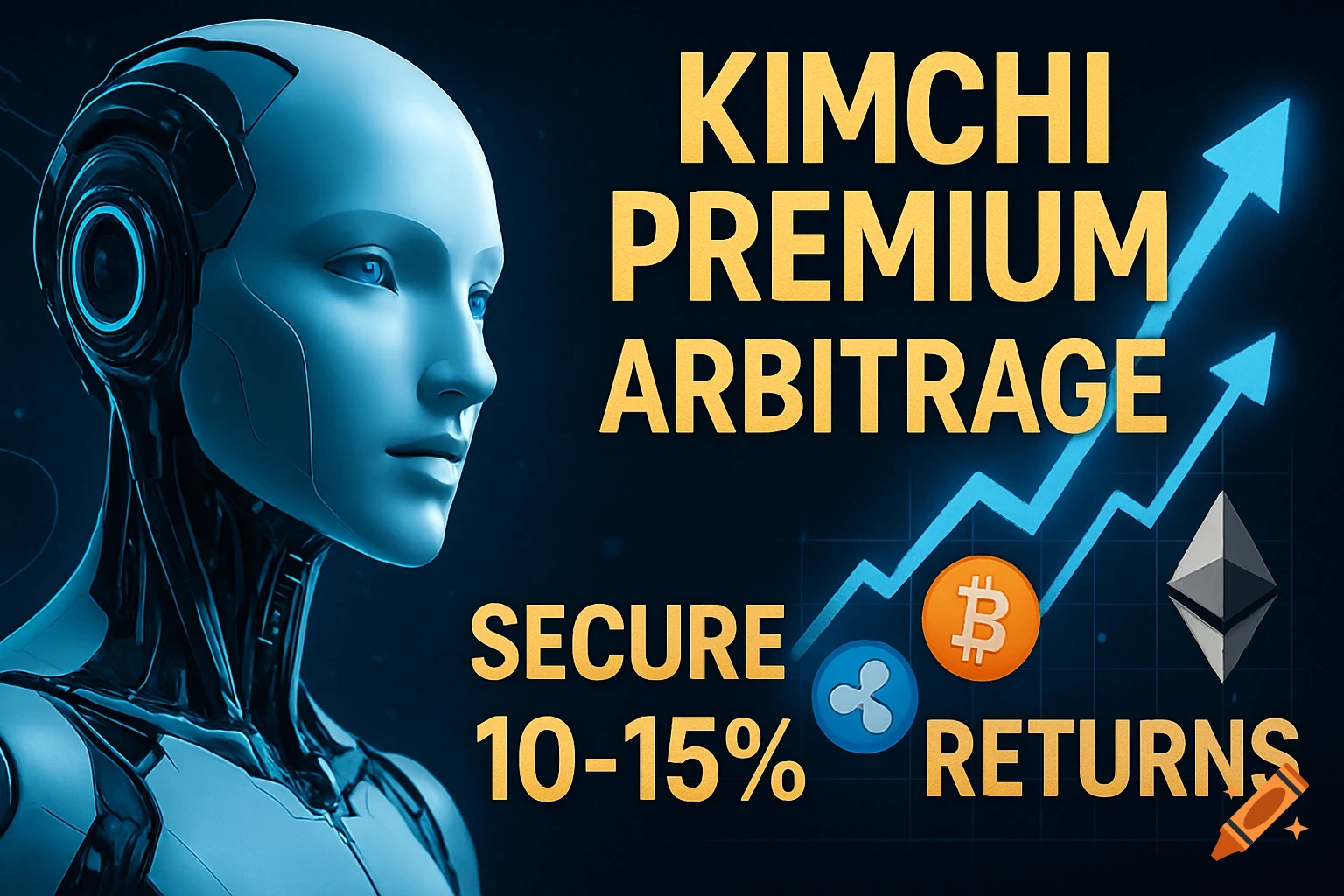 A futuristic AI head next to bold text reading "KIMCHI PREMIUM ARBITRAGE" and "SECURE 10-15% RETURNS," with an upward trend graph and cryptocurrency icons.