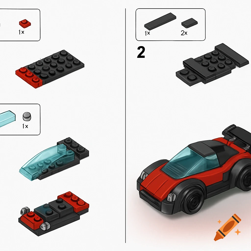 Lego building instructions showing steps to construct a red and black car.