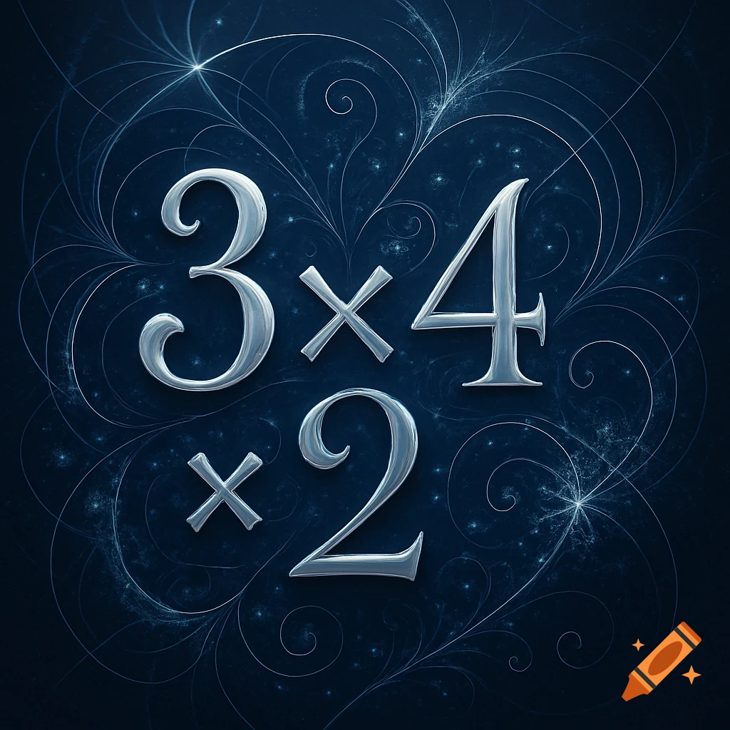 Silver numbers 3, multiplication symbol, 4, multiplication symbol, and 2, floating on a dark blue abstract background with glowing patterns.