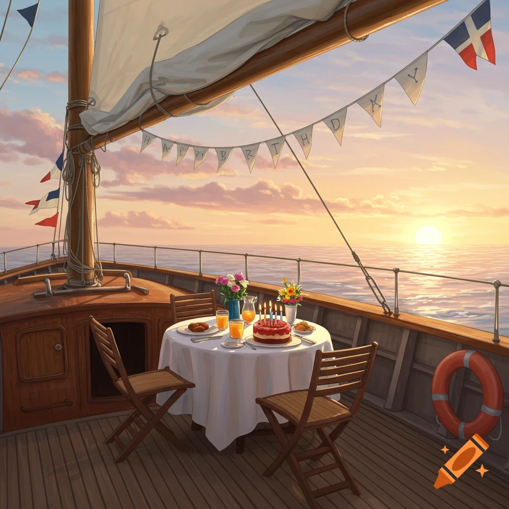 A birthday party with a cake on a sailboat deck at sunset, banners reading 'HAPPY BIRTHDAY' overhead.