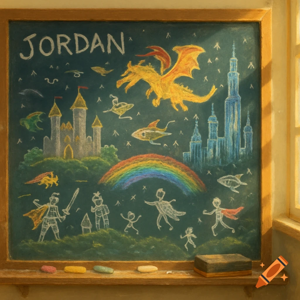 Colorful chalk art on a blackboard depicting fantasy scenes with a castle, dragons, knights, and a rainbow, with 'JORDAN' written at the top.