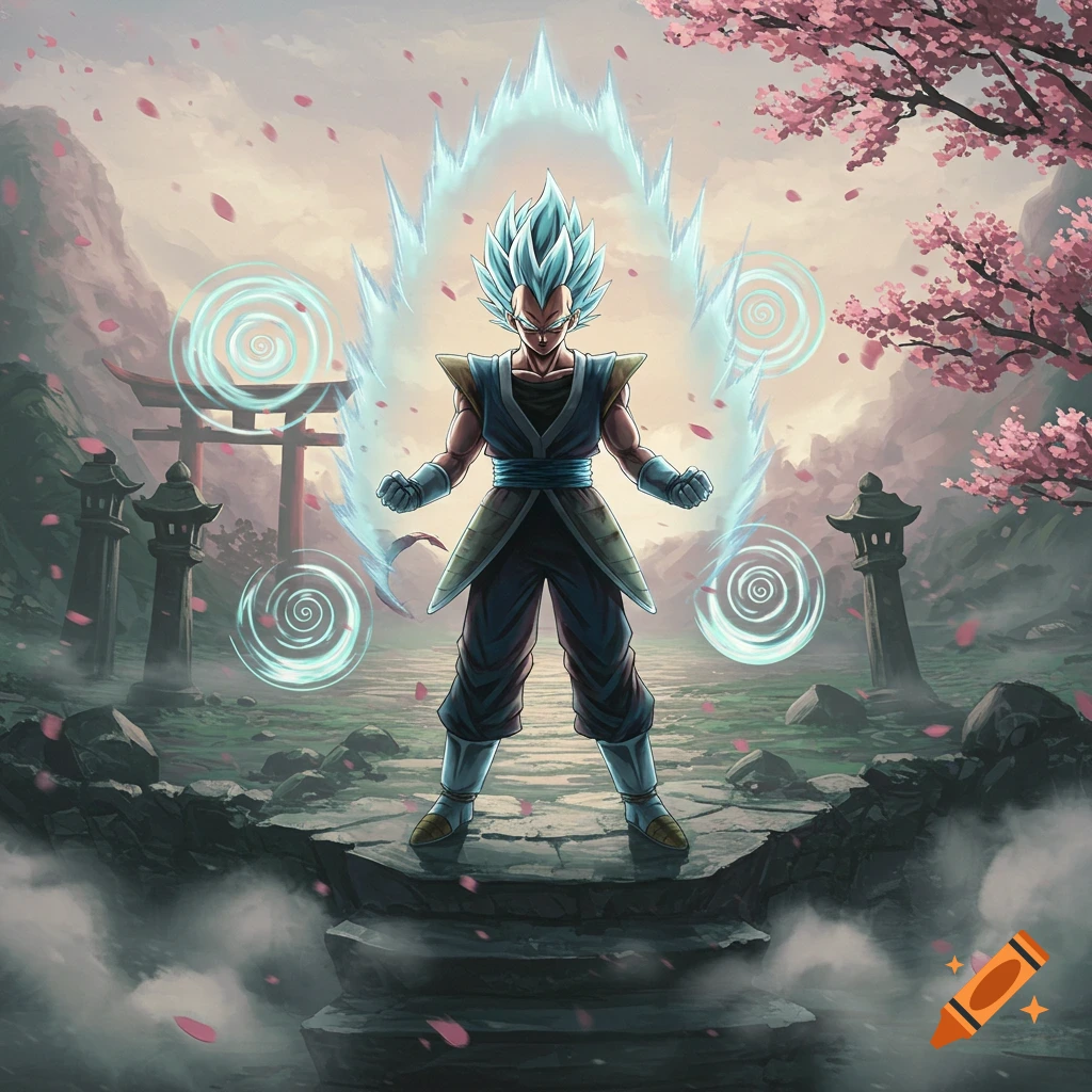 Anime character Vegeta powering up with blue energy in a Japanese landscape with a torii gate and cherry blossoms.