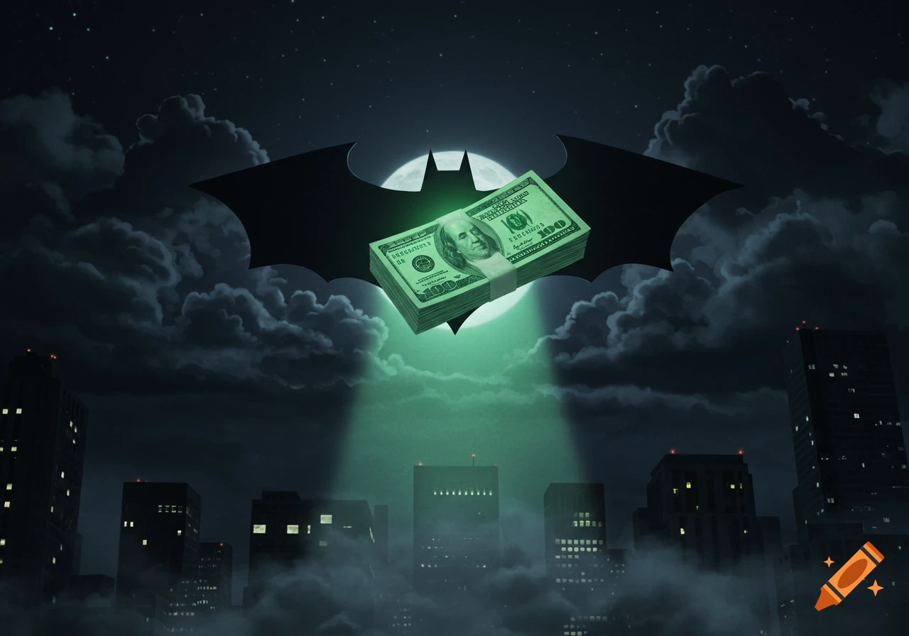 A stack of green US hundred-dollar bills glows above a dark city, projected like a bat-signal against a full moon and cloudy night sky.