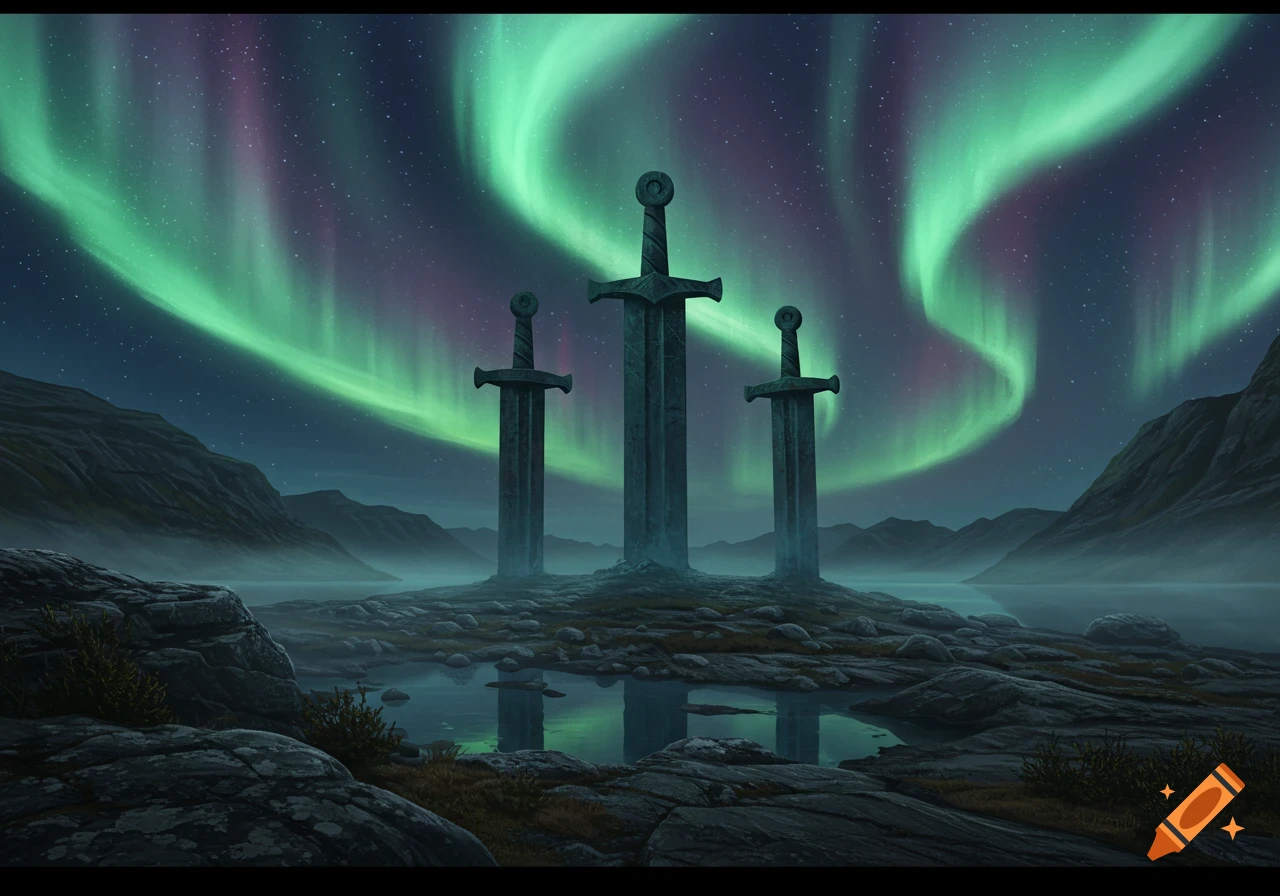 Three large, ancient swords stand upright in a rocky, misty landscape under a vibrant green and purple aurora borealis.