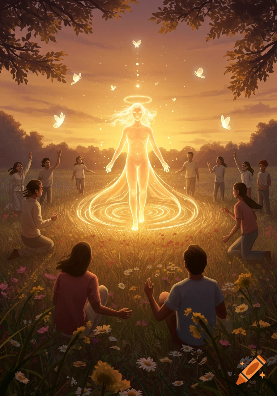 A glowing, ethereal figure stands in a golden field surrounded by people in awe, with glowing butterflies at sunset.