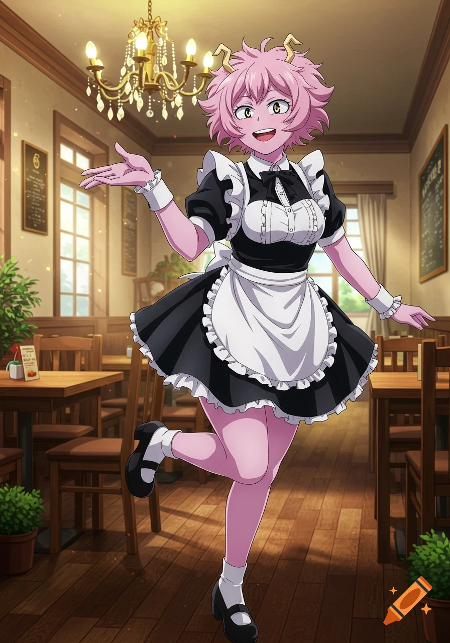 Anime-style full-body illustration of Mina Ashido in a black and white maid outfit, posing cheerfully in a cozy cafe.