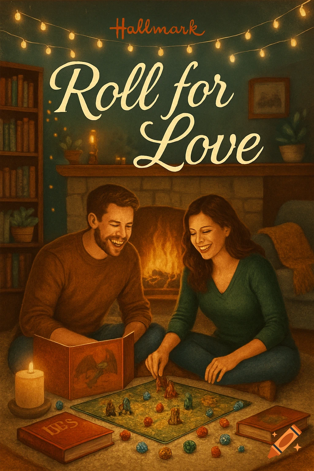 Illustrated poster for 'Roll for Love' featuring a couple playing a board game by a fireplace with string lights, in a cozy room.