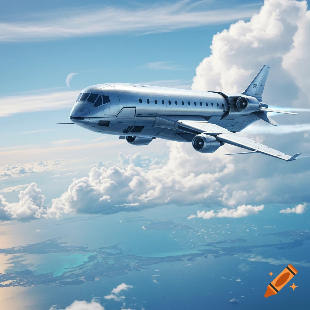 A sleek silver airplane flies above clouds and a tropical ocean, with a crescent moon in the sky. Photorealistic.