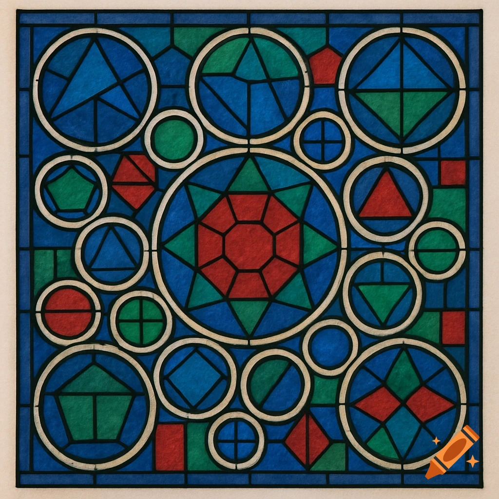 Vibrant geometric stained glass design featuring circles and polygons in blue, green, and red, outlined with heavy black borders.
