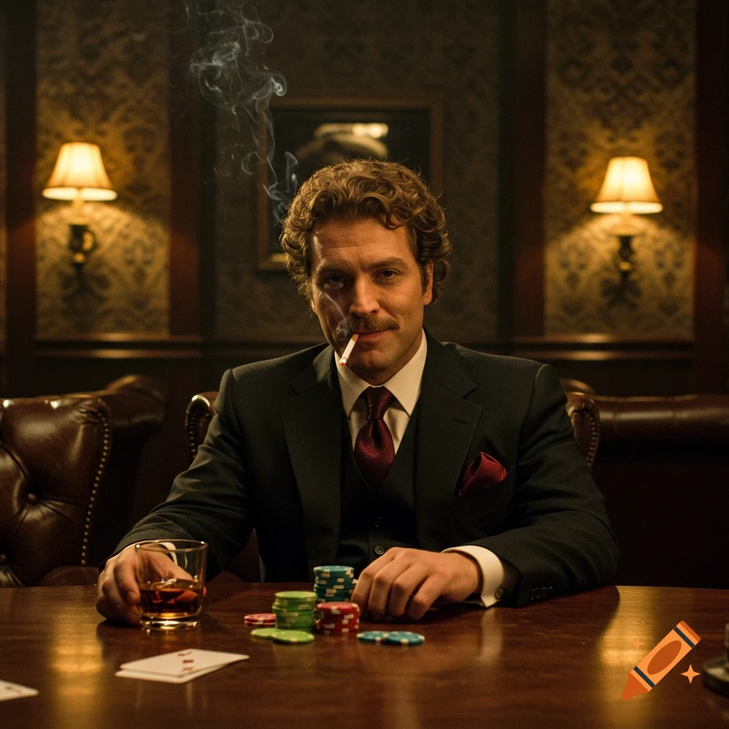 A stylish man with curly hair and a mustache, dressed in a suit, smokes a cigarette while sitting at a poker table with chips and a drink.
