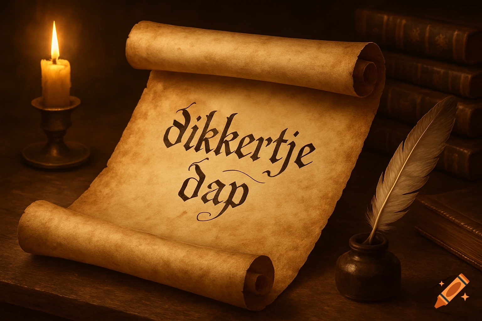 Parchment scroll with 'dikkertje dap' in blackletter font, quill, inkpot, and lit candle on a wooden table.