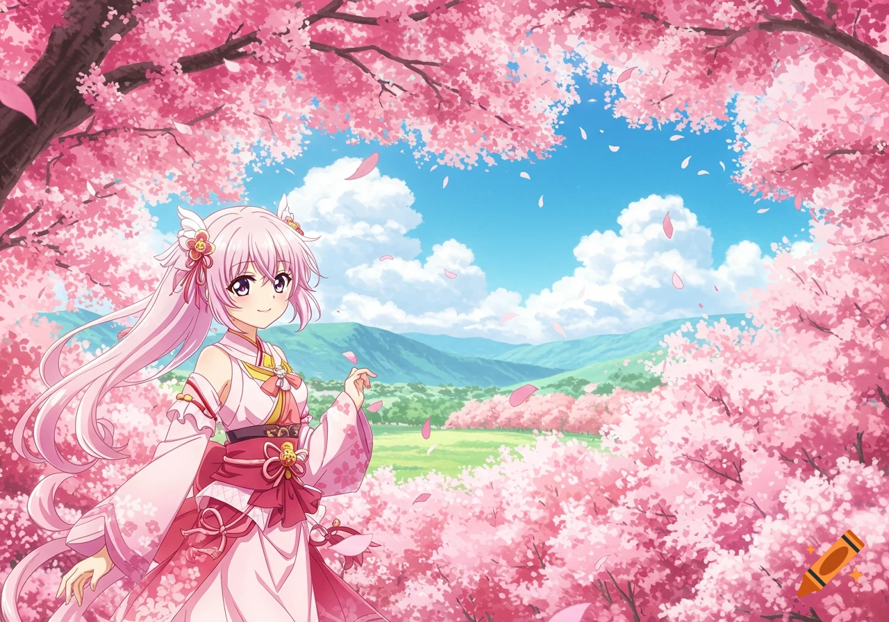 An anime girl with long pink hair and a light pink kimono stands in a ...