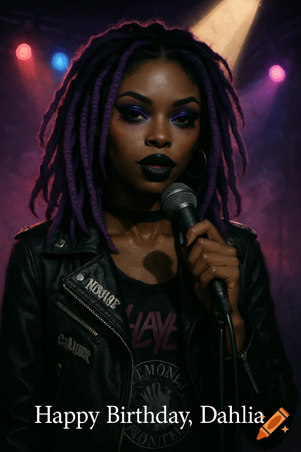 A goth rock woman with purple dreadlocks and dark makeup holds a microphone on a stage with colorful lighting, with 'Happy Birthday, Dahlia' at the bottom.