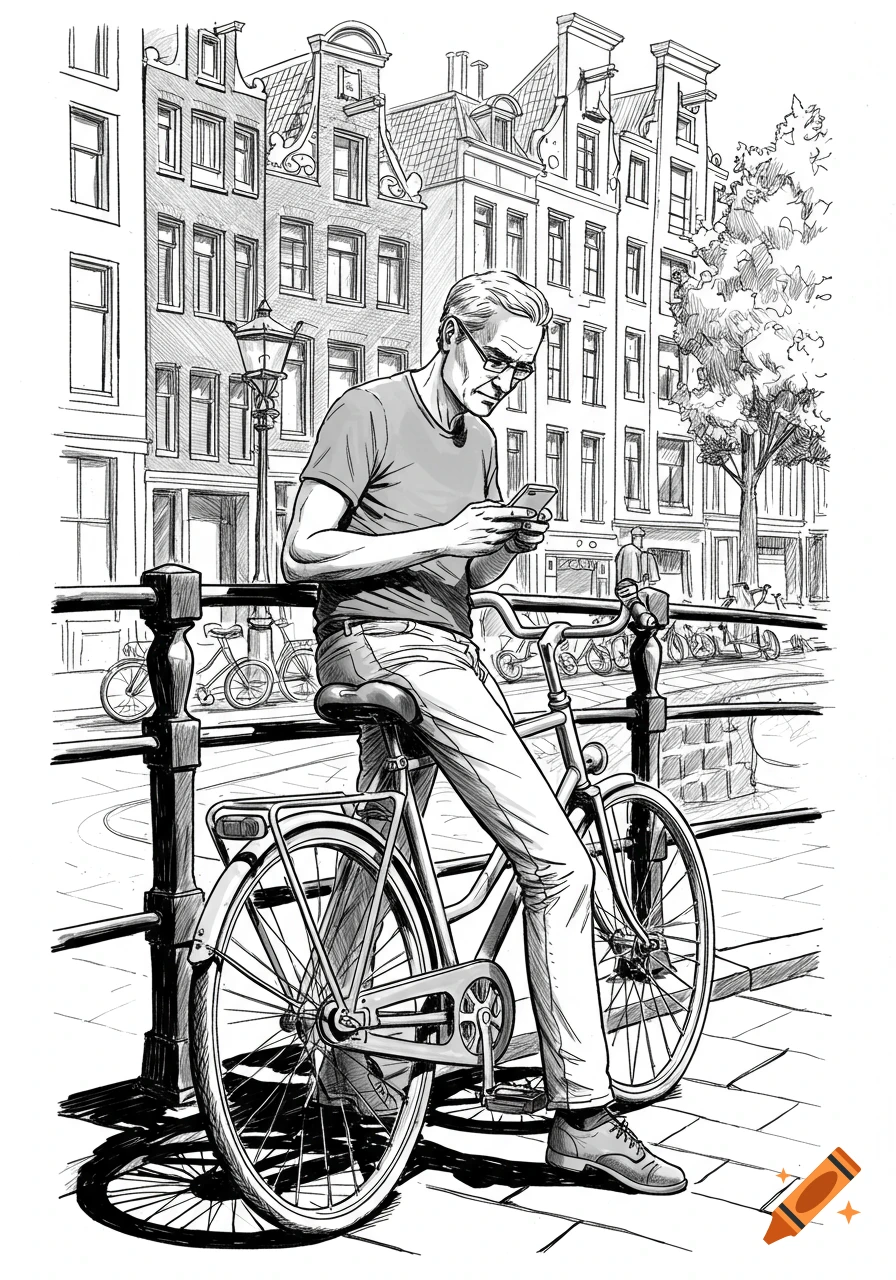 A middle-aged man in a t-shirt and jeans sits on his bicycle, looking at his phone on an Amsterdam street, in a black and white digital ink sketch style.
