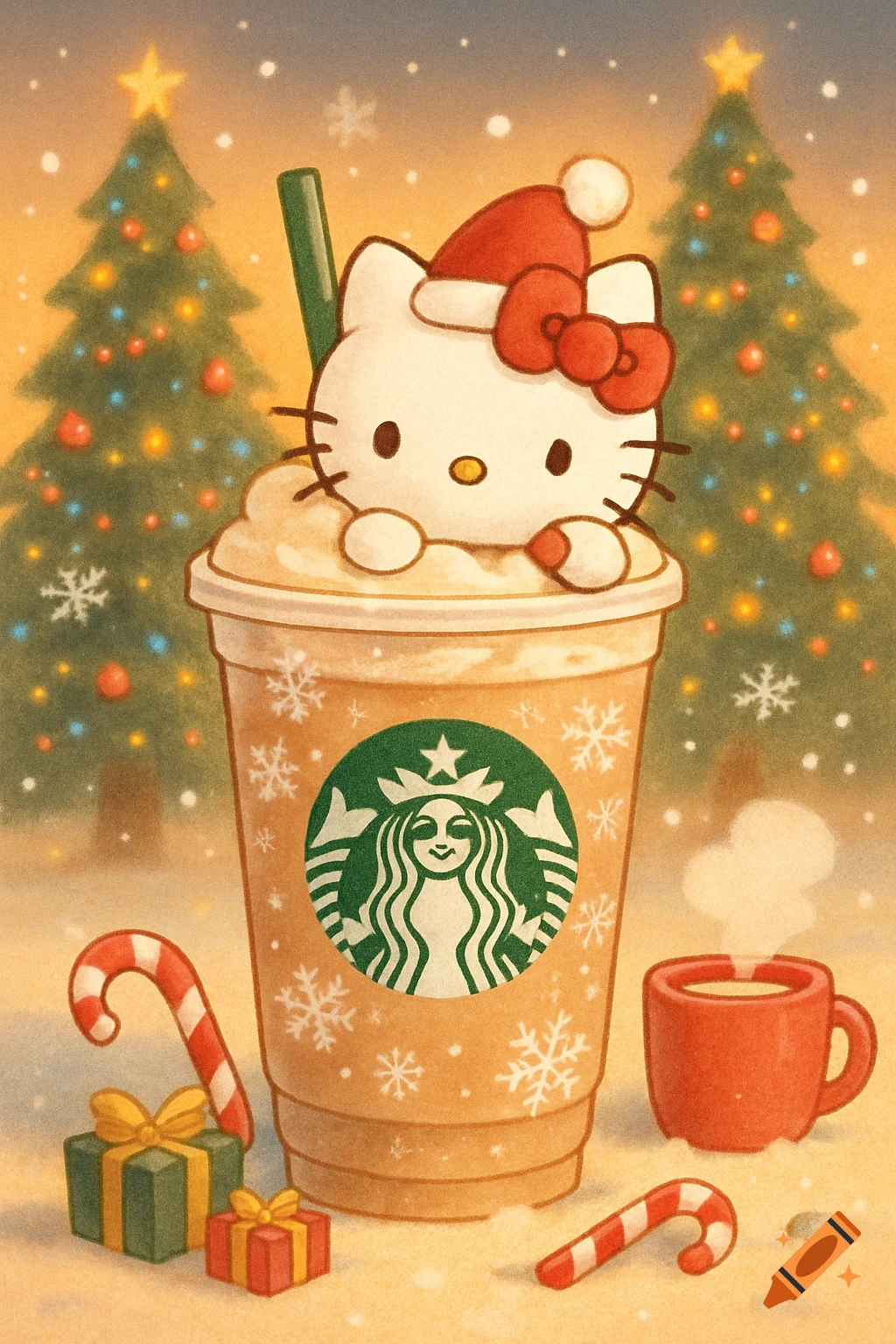 Cartoon of Hello Kitty in a Starbucks cup surrounded by Christmas trees, candy canes, and gifts in a snowy holiday scene.