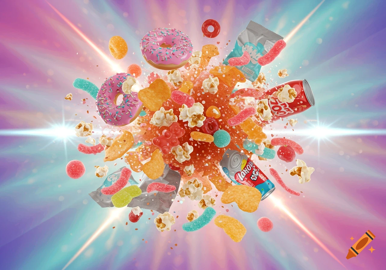 A vibrant explosion of donuts, popcorn, potato chips, gummy candies, and soda cans against a colorful, radiant background.