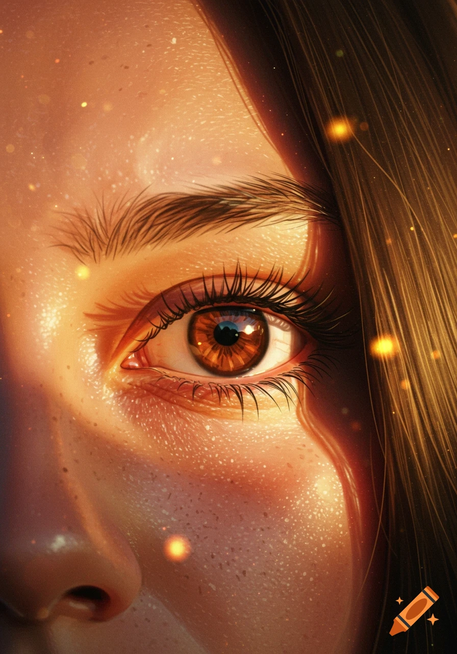 Detailed digital painting of a brown eye and part of a face, illuminated by golden light with bokeh effects.