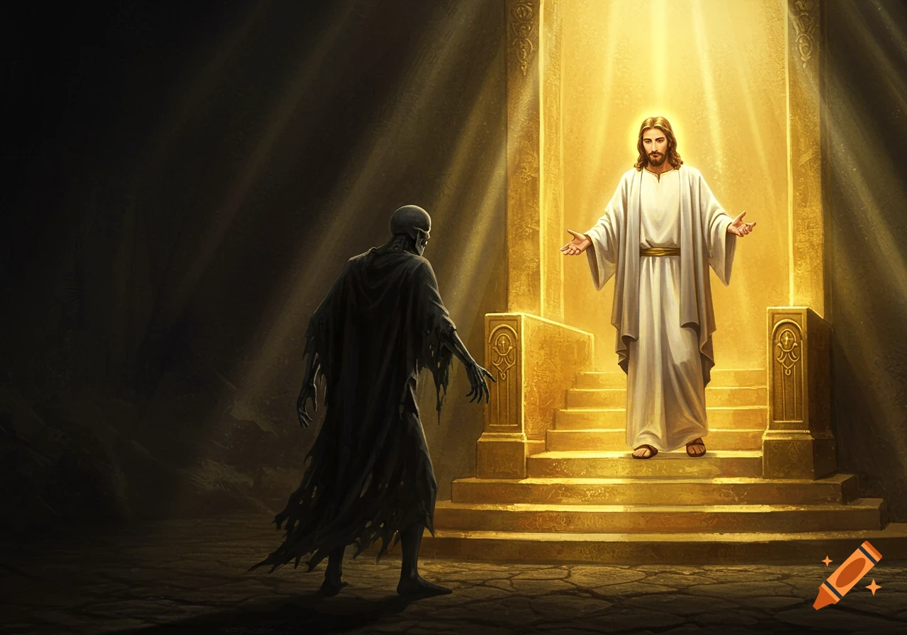 Jesus with outstretched arms on golden steps faces a skeletal figure in a dark, dramatic, religious art style.