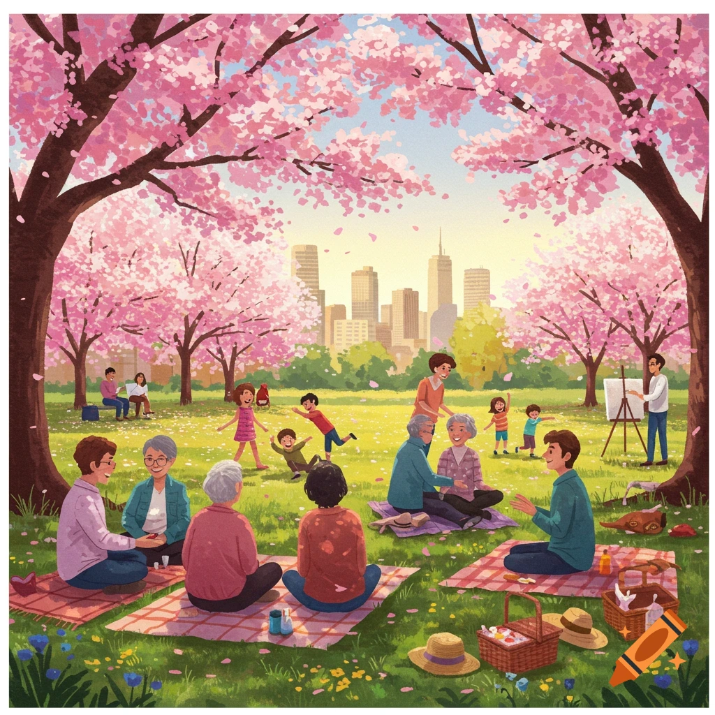 Colorful illustration of diverse people socializing in a park under cherry blossom trees with a city skyline in the background.