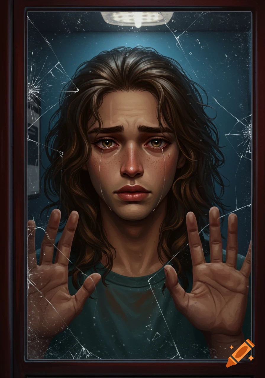 Digital painting of an olive-skinned person with long brown hair, crying with hands pressed against cracked glass, likely in a phone booth.