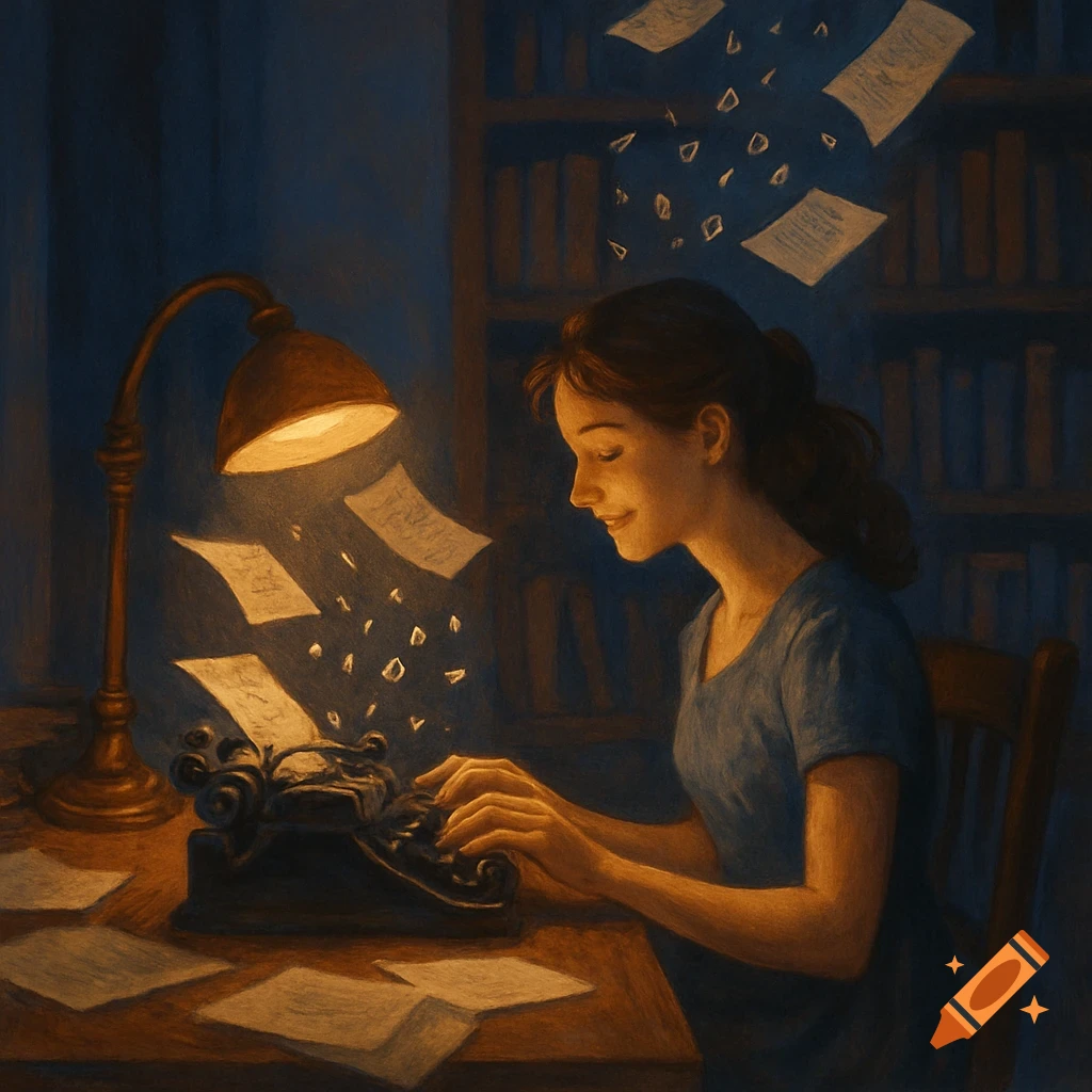 A young woman types on a vintage typewriter at a desk, surrounded by floating papers and a warm lamp in a dark, book-filled room.