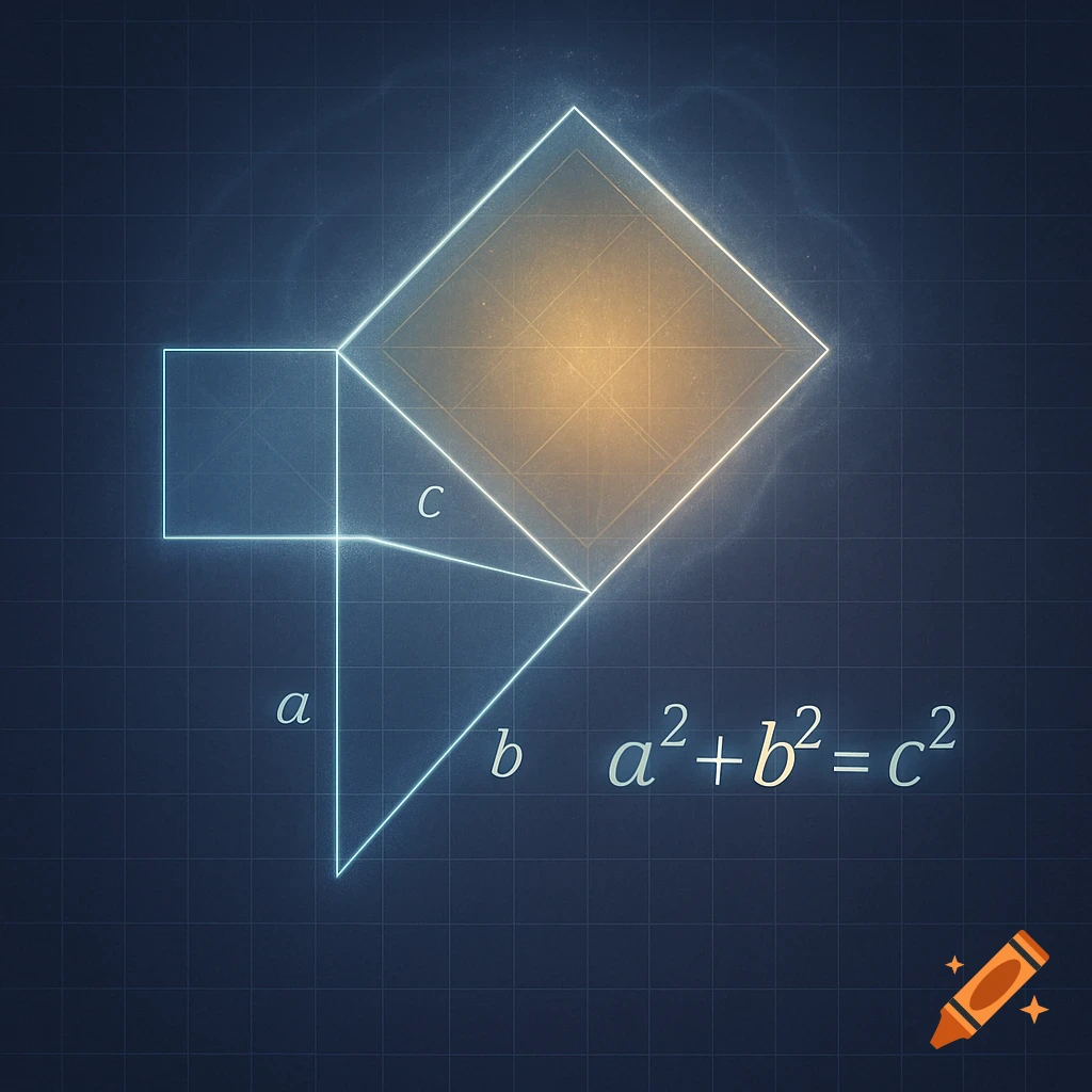 A neon line diagram illustrating the Pythagorean theorem with a right triangle, squares, and the equation a2 + b2 = c2 on a grid background.