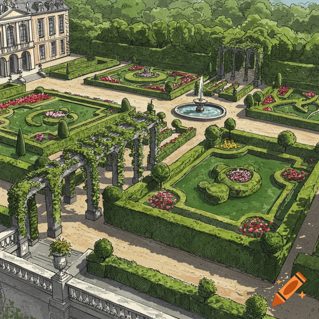 Detailed overhead illustration of a grand royal palace garden with intricate hedges, flowerbeds, fountains, and pergolas.