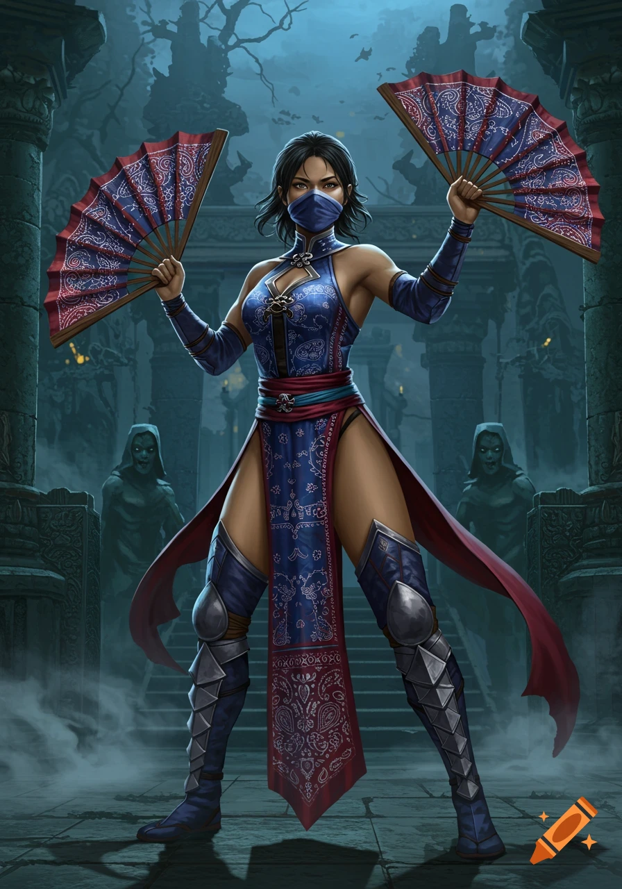 A female warrior with dark hair and a blue mask stands in a dark temple, holding two patterned fans. She wears a blue and red outfit with armored boots and high slits.
