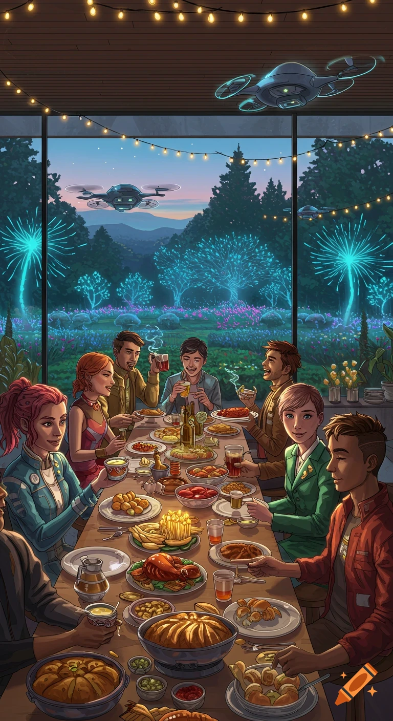 Illustrated scene of friends dining indoors, overlooking a futuristic garden with glowing plants and drones at twilight.