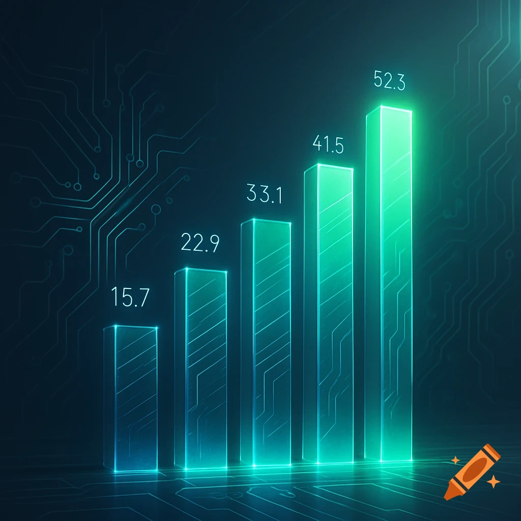 A glowing, futuristic bar graph with five ascending neon green and blue bars showing increasing numerical values against a circuit board background.