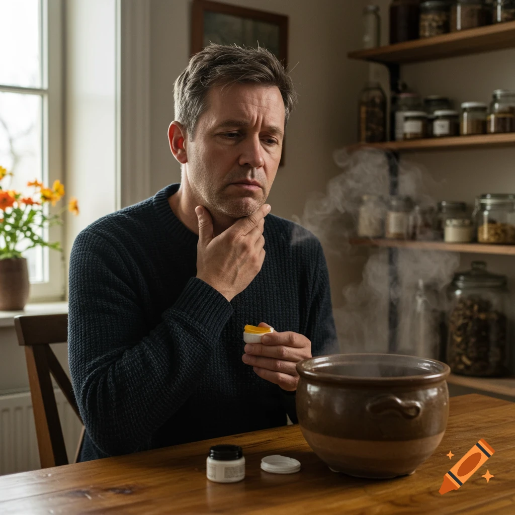A man with a cold holding his throat and a small jar of ointment, sitting at a table with a steaming bowl.